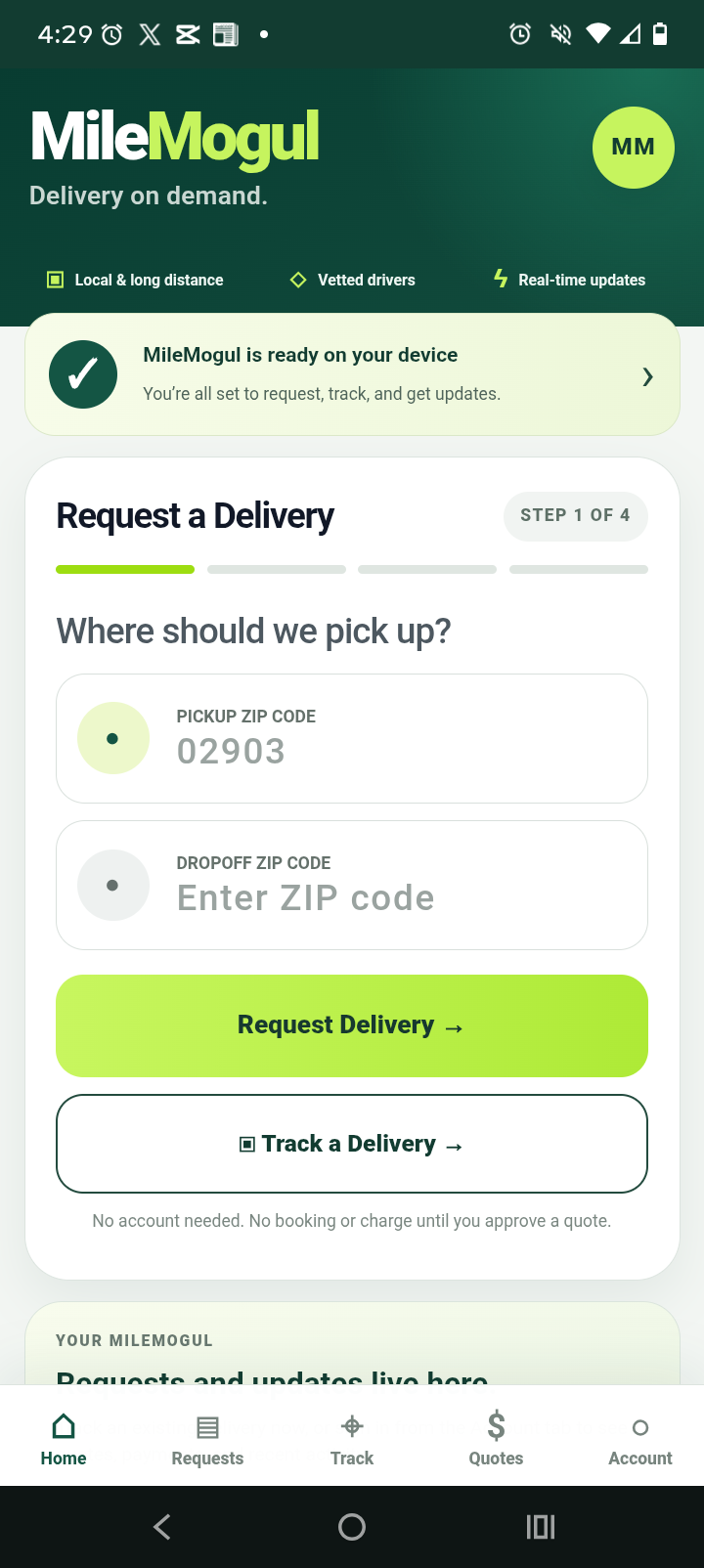 MileMogul Rhode Island local delivery app showing delivery requests, tracking, quotes and account navigation